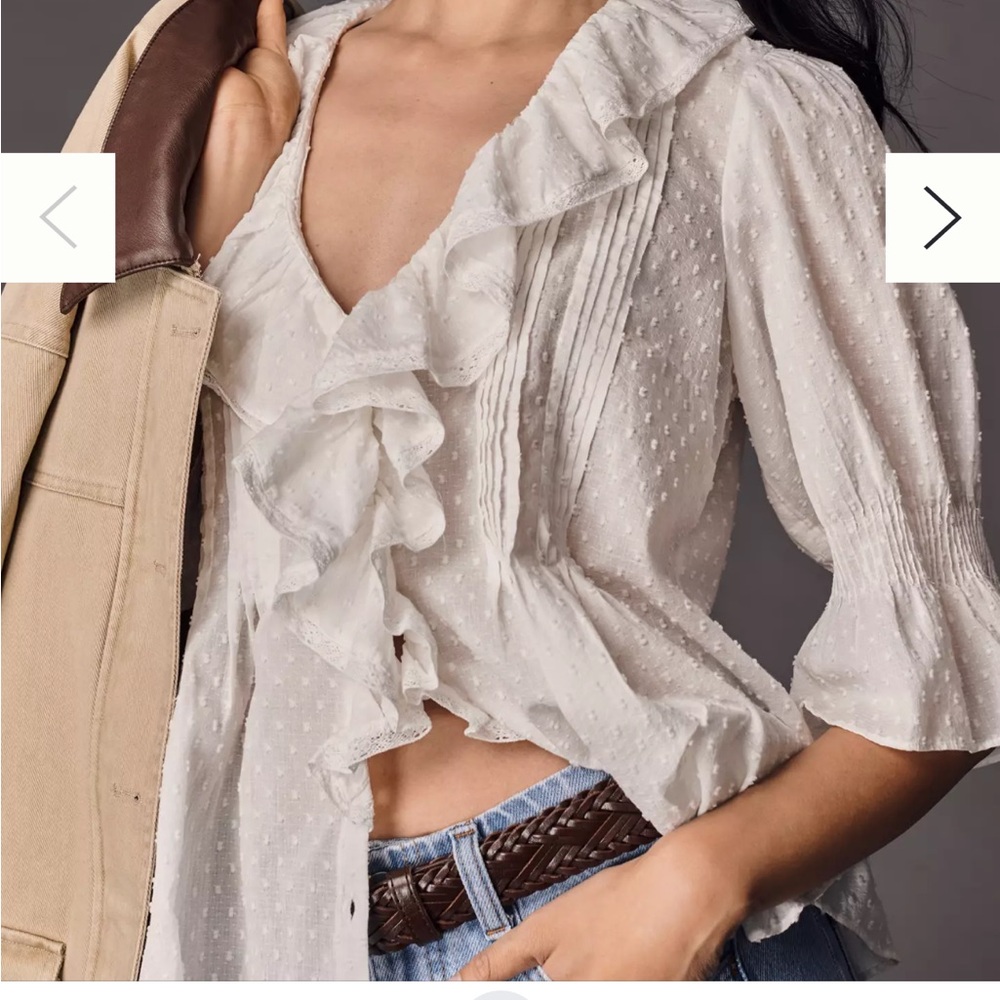 Anthropologie Ruffled Pin-tuck button-front White Textured Blouse 1X